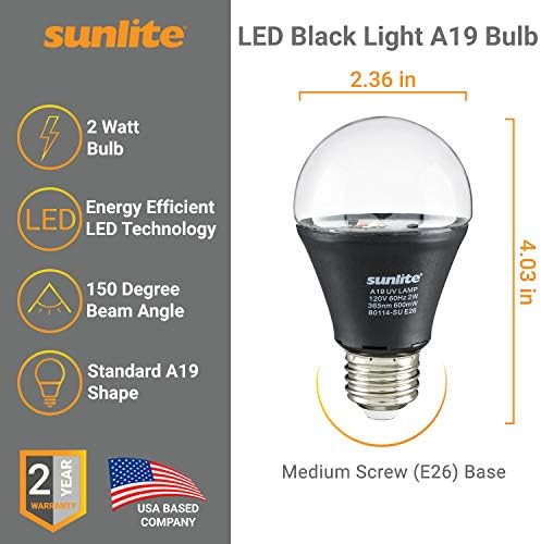 Sunlite 40741-SU LED A19 Siyah Ampul 'daki Tek Gerçek 365nm Dalga Boyu, Göze Çarpmayan UV-A Işınları-Parlak Parıltı Efekti, 2