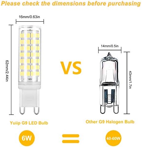 Yuııp G9 LED Ampuller, 6 W (40 W 50 W 60 W Halojen Eşdeğer), Günışığı Beyaz 6000 K, G9 Bi Pin Bankası Ampul, Değil Dim Lamba
