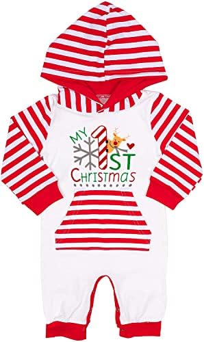 VILOVE Benim 1st Noel Bebek Erkek Kız Unisex Romper Uzun Kollu Çizgili Kapüşonlu Tulum Tatil Kıyafet