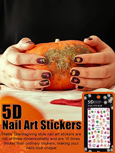 Kalolary 5D Güz Akçaağaç Yaprağı Nail Art Sticker Çıkartmaları, Stereoskopik Kabartmalı Sonbahar Kabak Düşen Yapraklar Tırnak