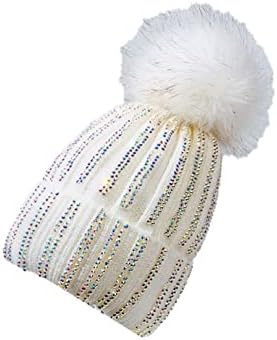 ChyJoey Kadınlar Kış Rhinestone Beanie Şapka Kalınlaşmak Polar Astarlı Sıcak Şapkalar Hımbıl Örgü Kar Kap Bayanlar ıçin
