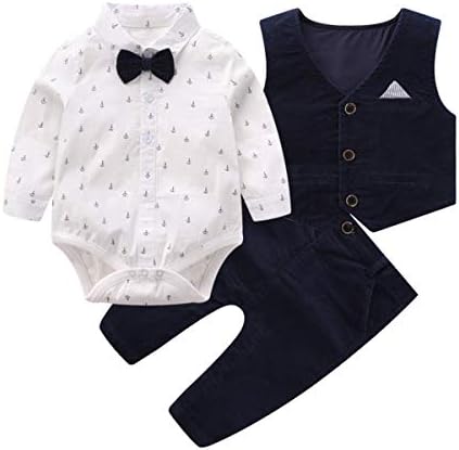 Bebek Erkek Beyefendi Kıyafetler Takım Elbise, Bebek Uzun Kollu Gömlek + Önlüğü Pantolon + Papyon + Yelek Giysi Set