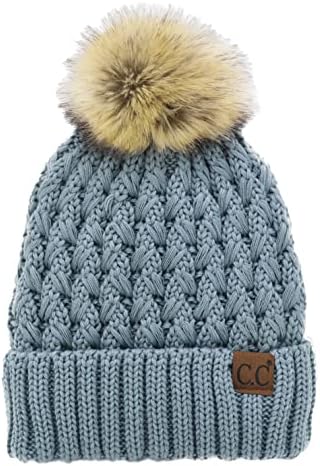 C. C kadın Kış Kablo Polar Astar Nervürlü Bere Örgülü Örgü Çapraz Dikiş Tıknaz Kürk Pom Pom Yumuşak Sıcak Şapka
