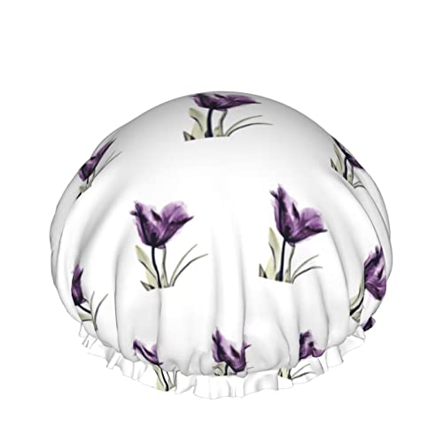 Zarif Lale Mor Çiçek Baskılı duş bonesi Kadınlar İçin Kullanımlık banyo saç bonesi Elastik Çift Su Geçirmez banyo şapkası