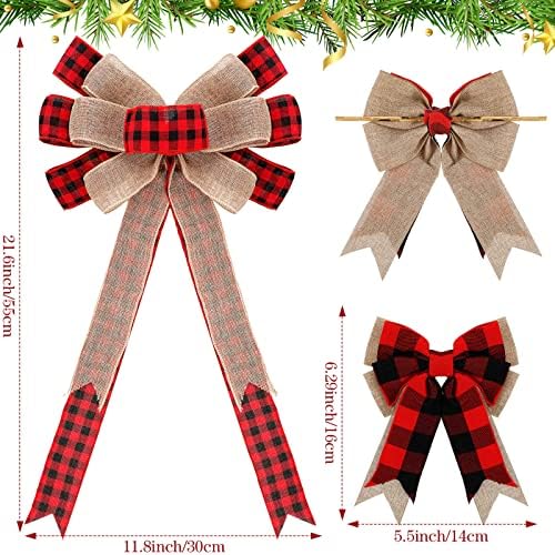 9 Parça Kırmızı ve Siyah Buffalo Kontrol Noel Yay Rustik Noel Ekose Noel Ağacı Topper Dekoratif Ağacı Topper Yay ile Flamalar