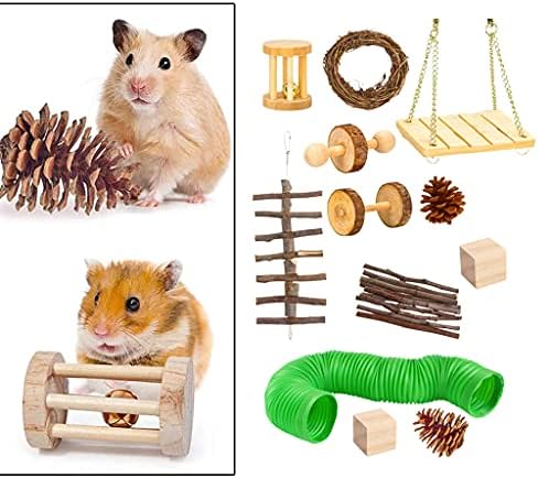 Fenteer 12 Pcs Hamster Çiğnemek Oyuncaklar, doğal Ahşap Kobay Sıçan Kürkü Oyuncaklar Dumbells Egzersiz Çan Rulo Diş Bakımı Molar