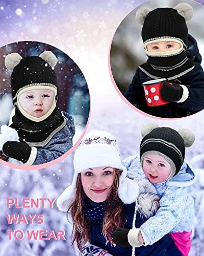 2 Takım Çocuklar Kış Örgü Şapka ve Mitten, Sıcak Örme Kış Kulaklığı Şapka Eşarp ve Polar Eldiven, kalın Hood Atkılar Kafatası