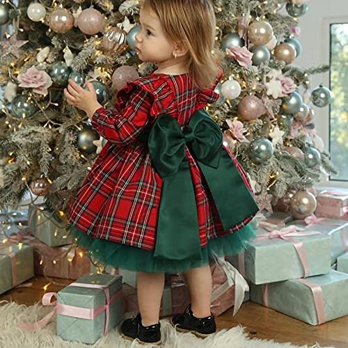 Bebek Noel Kız Elbise Bebek Kırmızı Yeşil Ekose Baskı Uzun Kollu Yuvarlak Boyun Kısa Kollu Fırfır Elbise Elbise Düğmesi