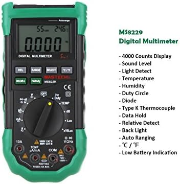 MASTECH MS8229 oto aralığı multimetre ve sıcaklık nem ışık Lux ses seviyesi ölçer cihazı 5 in 1 ile arka ışık