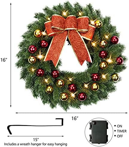 Askılı Işıklı Noel Çelengi - 16 İnç Önceden Aydınlatılmış Noel Süsleri 40 LED Işıklı Çelenk, Yay ve Renkli Toplar-Ön Kapı Açık