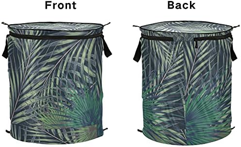 Tropikal Palmiye Yaprakları Fermuarlı Kapaklı Açılır Çamaşır Sepeti Kulplu Katlanabilir Çamaşır Sepeti Katlanabilir Depolama