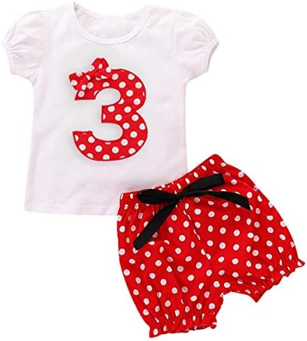 Toddler Bebek Kız 1st 2nd 3rd Doğum Günü Partisi Kıyafetleri Polka Dot Mini Kostüm Kısa Kollu T Gömlek Tops + Pantolon + Kulak