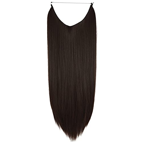Halo saç ekleme Koyu Kahverengi Düz 22 Inç Uzun Sentetik Hairpieces Gizli tel Bandı Kadınlar ıçin ısıya dayanıklı iplik Hiçbir