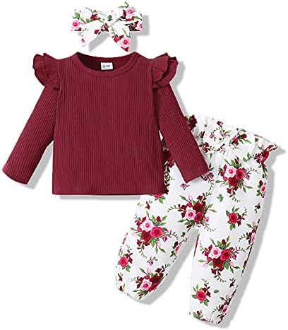 Toddler Kız Giysileri Bebek Kız Kıyafetler Pamuk Uzun Kollu Ruffled Tops + Çiçek Pantolon Kafa Seti 18 M-5 T