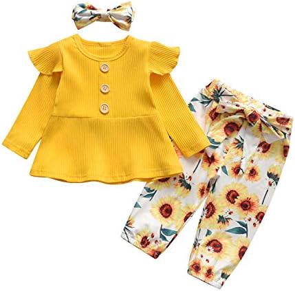 Bebek Kız Giysileri Kıyafetler, Sevimli Bebek Kız Uzun Kollu Fırfır Tops ve Çiçek Pantolon Kafa Bandı ile Set