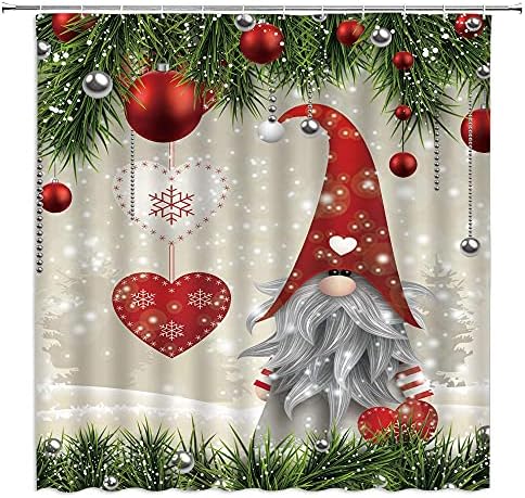 Noel Cüceler Duş Perdesi Noel Folklor Elfler Sevimli Gnome Sprite Çam Ağacı Dalları Kar Tanesi Topları Kalp Vahşi Snowfield Vintage