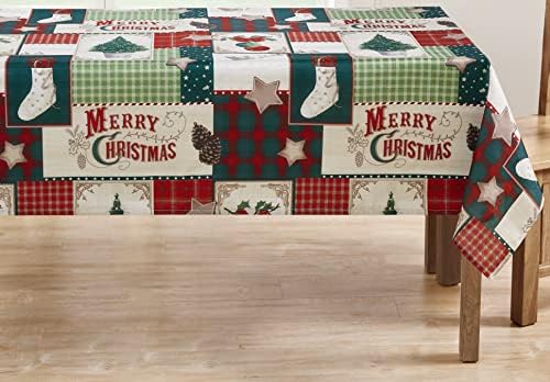 Çiftlik Evi Noel Kumaş Masa Örtüsü: Ağaç Süslemeli Tatil Ülkesi Patchwork Çoraplar ve Şekerli Kurabiyeler, Ekose ve Şemsiye ile