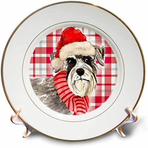 3dRose Şenlikli Kırmızı ve Beyaz Tatil Ekose ve Schnauzer Noel Köpek Tabakları (cp_351789_1)