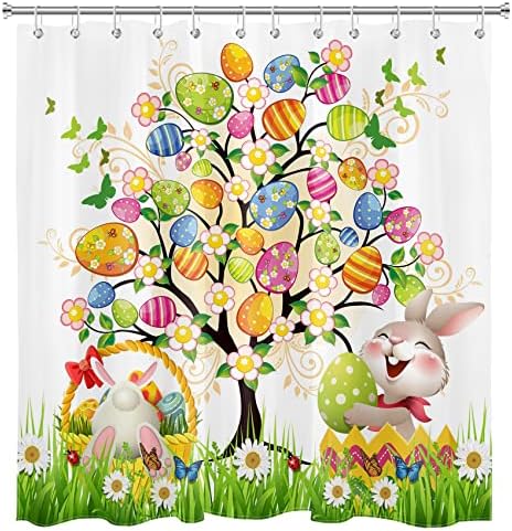 LB Mutlu Paskalya Duş Perdesi Komik Tavşan Ağacı üzerinde Renkli Paskalya Yumurtaları ile Duş Perdeleri Banyo için Set, bahar