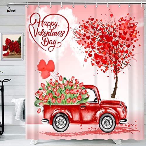 Sevgililer Günü Kamyon Çiçek Duş Perdesi, Mutlu sevgililer Günü Kırmızı Loving Kalpler Ağacı Romantik Duş Perdeleri Banyo Dekor