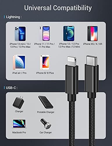 USB C'den Yıldırım Kablosuna MFi Sertifikalı-Nikolable 3 Paket 6.6 FT Örgülü iPhone 13 Hızlı Şarj Kablosu-C Tipi Yıldırım Kablosuna