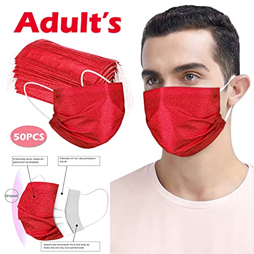 yetişkinler için 50 adet Disposable_Face_Masks 3 katlı Dokunmamış Kumaş Tatil Evi, Ofis ve Dış Mekan için Uygundur (Kırmızı)