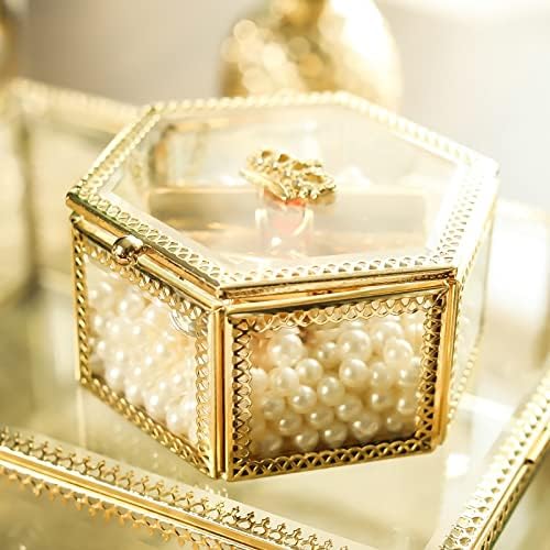 DSGYU Altıgen Geometrik Şeffaf Cam Kutu Menteşeli Kapaklı Mücevher Saklama Vitrini (Renk: Gümüş, Boyut: Bir Boyut)